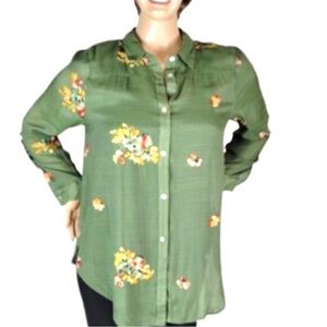 Anthro’s Fig and Flower Green Embroidered Long Sleeve Button Down Shirt,Size S